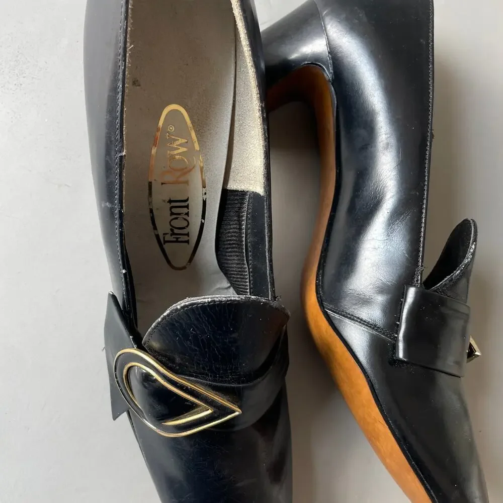 60s 70s Buckle Shoes MCM Low Heel Pilgrim Square Toe Front Row Chunky Heel 9AA